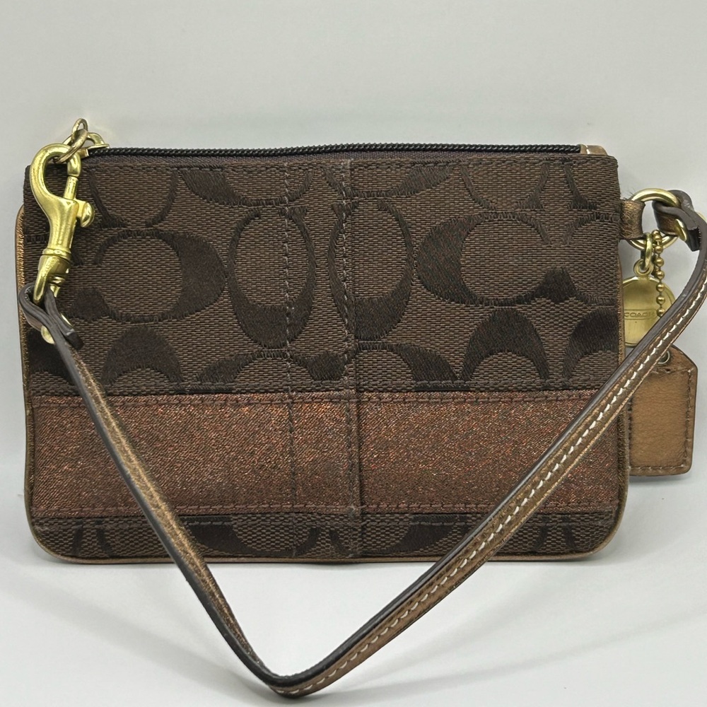 Coach Signature Brown Canvas 66th Anniversary Double Zip Wristlet 6” x 4.5” - Picture 5 of 10